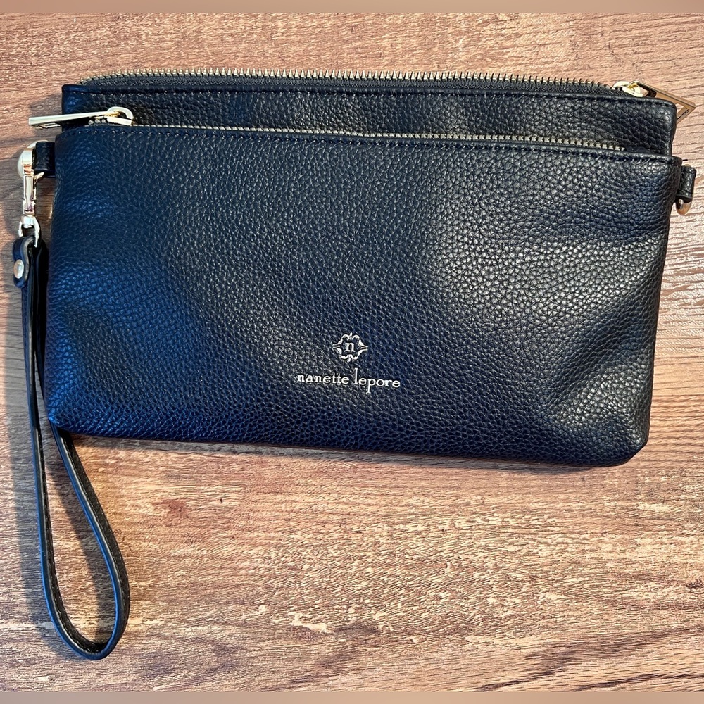 Nanette Lepore Black Leather and Gold Detail‎ Wristlet Clutch Handbag